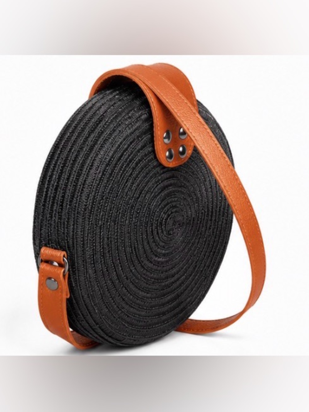 Black Rattan Round Straw Shoulder Bag Boho Coastal Crossbody Purse Festival NWT